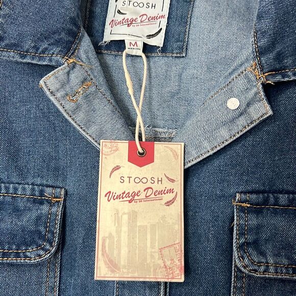 NWT Stoosh Women's Blue Rainbow Stripe Detail Vintage Denim Jacket Medium - Picture 2 of 6